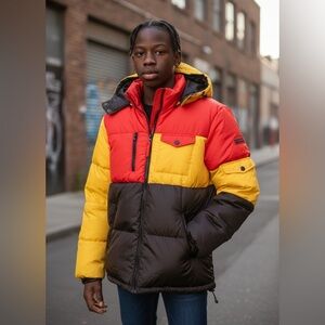 Reason Colorblock Hooded Puffer Jacket — Size Small
